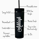 Matte Black Personalised Skinny Tumbler with a Straw